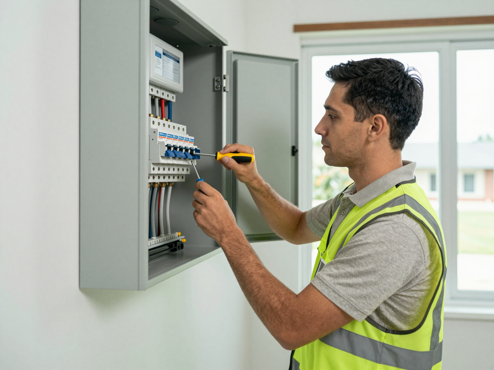 Electrician working on electrical panel